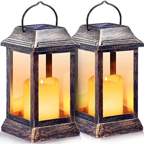 TomCare Solar Lights Outdoor Flickering Flameless Metal Solar Lantern Outdoor Hanging Decorative Candle Lanterns Heavy Duty Waterproof Umbrella Decorations Lighting for Patio Garden Deck Yard 2 Pack